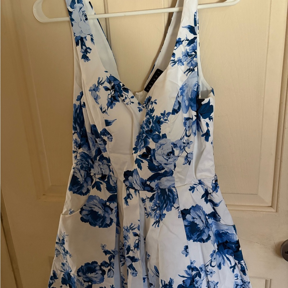 Trixxi Blue and White Sleeveless V-Neck Mini Dress